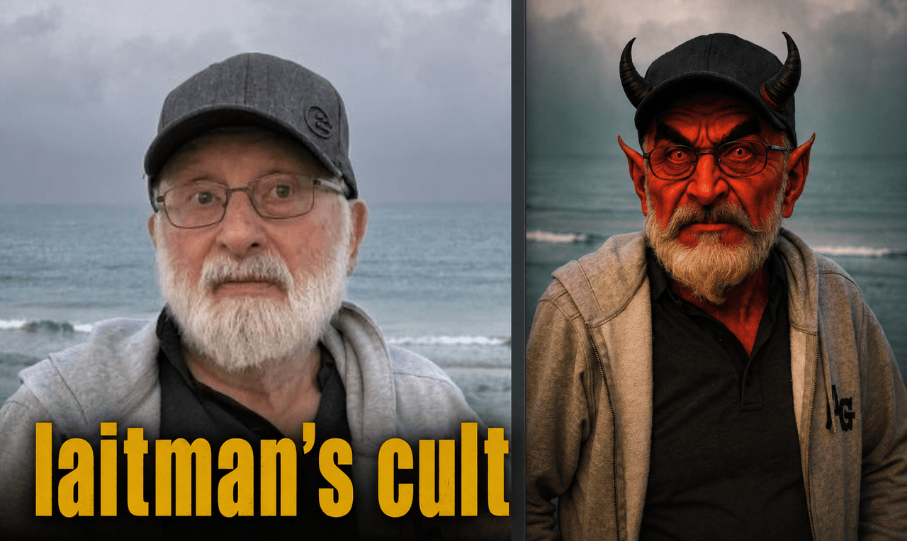 Collage «laitman's cult»: Mijael Laitman y su imagen demonizada — la cara pública y la versión oscura
