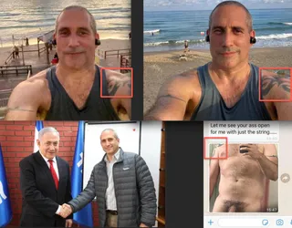 Collage: Milwidsky beach selfies with identifying markers (red rectangles), a WhatsApp message with an intimate image (16:47), and a photo of Milwidsky with Netanyahu at an official meeting