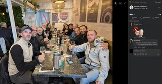 Michael Sanilevich Facebook post of February 12, 2025: a group photo in a restaurant with participants from the Menuhin family circle